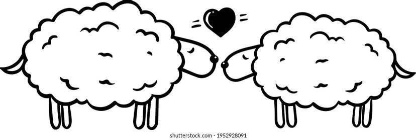 hand drawn two sheep and a heart shape. Vector illustration.
