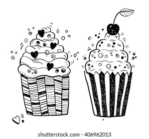 Hand drawn two sketchy sweet cake. Vector illustration.