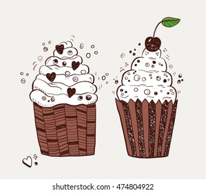 Hand drawn two sketchy sweet cake. Vector illustration.