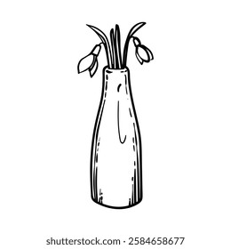 Hand drawn two snowdrops in a bottle like vase. Black outline of beautiful winter flowers isolated on a white background. Illustration for online and print projects.