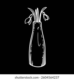 Hand drawn two snowdrops in a bottle like vase. Black outline of beautiful winter flowers isolated on a white background. Illustration for online and print projects.