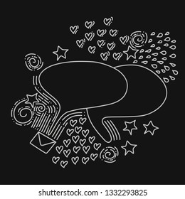Hand drawn two speech bubbles with hand draw hearts, lines, dots, circles, envelope, spirals. Vector illustration for cards, banners, prints, posters, pagkaging. Light objects on dark background.