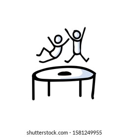 Hand Drawn Two Stickman Jumping on Trampoline. Concept Physical Exercise. Simple Icon Motif for Trapmolining Stick Figure Pictogram. Energy, Movement, Sport, Gym Bujo Illustration. Vector EPS 10.