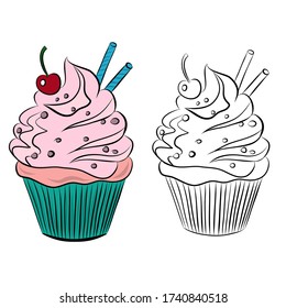 Dibujo manual de dos tartas dulces, boceto y color, ilustración vectorial