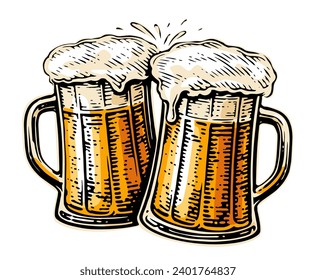 Hand drawn two toasting beer mugs. Clinking glass tankards full of beer and splashed foam. Cheers, vector illustration