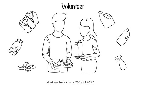 Hand drawn two volunteers offering food and water, as well as basic necessities. They help in social, charitable or community projects for free and support those in need.