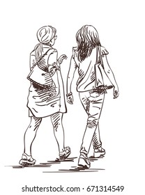 Hand drawn two walking women wearing high platform shoes, Vector sketch isolated on white background, View from back