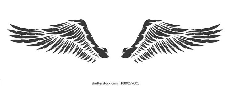 Hand drawn two wing with feathers isolated on white background. Cartoon design element for tattoo, label, branding. Vintage vector illustration.