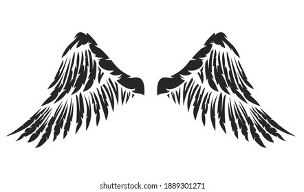 La mano dibujó dos alas con plumas aisladas en fondo blanco. Elemento de diseño de dibujos animados para tatuajes, etiquetas, marca. Ilustración vectorial vintage.