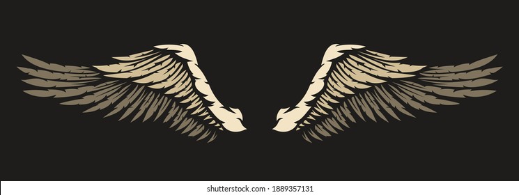 Hand drawn two wing with feathers isolated on black background. Cartoon design element for tattoo, label, branding. Vintage vector illustration.