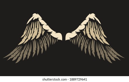 Hand drawn two wing with feathers isolated on black background. Cartoon design element for tattoo, label, branding. Vintage vector illustration.
