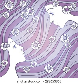 hand drawn two womens profile with wavy hair and flowers vector  illustration