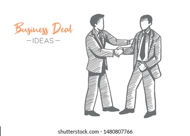 Hand drawn of two young business colleagues meeting and handshaking each other to congratulate project goal. Business deal sketch concept. Isolated vector illustration design with white background