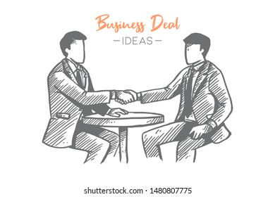 Hand drawn of two young businessmen meeting and sitting on cafe chair to deal business tech project. Business agreement sketch concept. Isolated vector illustration design with white background