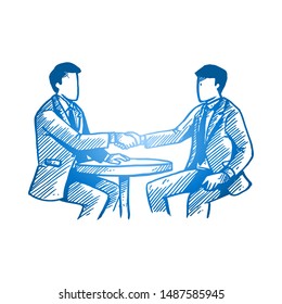 Hand drawn of two young businessmen meeting and sitting on cafe chair to deal business tech project. Business agreement sketch concept. Isolated vector illustration design with white background