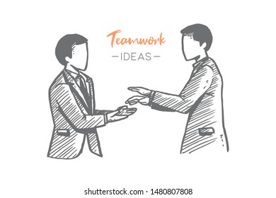 Hand drawn of two young employees giving high five together to celebrate success company project. Teamwork sketch concept. Isolated vector illustration design with white background