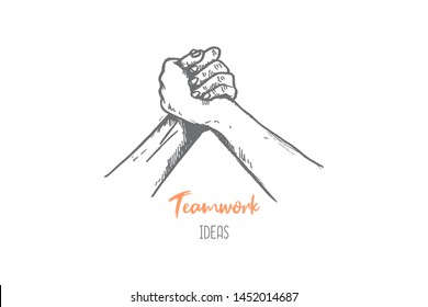 Hand drawn of two young person arm wrestle holding tight to start business teamwork. Handshake hands gesture sketch concept vector illustration. Isolated design with white background. 