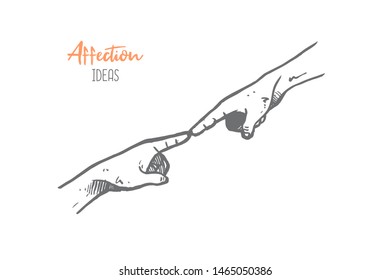 Hand drawn of two young person touching index fingers. Helping, connection, bonding, relationship hands gesture sketch concept vector illustration. Isolated design with white background