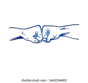 Hand drawn of two young person bumping fist finger. Team work, partnership, friendship, passion, spirit 
 hands gesture sketch concept vector illustration. Isolated design with white background