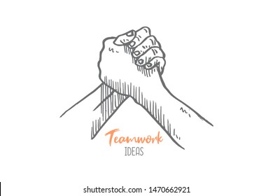 Hand drawn of two young person arm wrestle holding tight to start business teamwork. Handshake hands gesture sketch concept vector illustration. Isolated design with white background