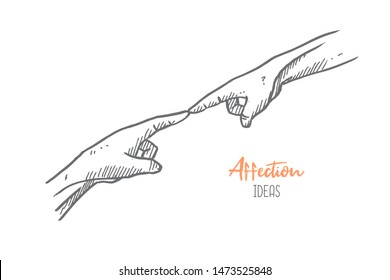 Hand drawn of two young person touching index fingers. Connection relationship hands gesture sketch concept vector illustration. Isolated design with white background