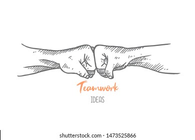 Hand drawn of two young person bumping fist finger. Team work spirit 
hands gesture sketch concept vector illustration. Isolated design with white background