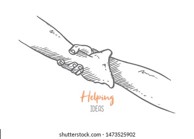 Hand Drawn Of Two Young Person Grabbing Arm To Help. Saving People Hands Gesture Sketch Concept Vector Illustration. Isolated Design With White Background