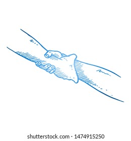 Hand drawn of two young person grabbing arm to help. Helping hands gesture sketch concept vector illustration. Isolated design with white background