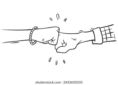 Handgezeichnet von zwei jungen Menschen, die mit dem Finger gegen die Faust stoßen. Teamarbeit, Partnerschaft, Freundschaft, Leidenschaft, Geist Hände Geste Skizze Konzept Vektor Illustration. Isoliertes Design mit weißem Hintergrund