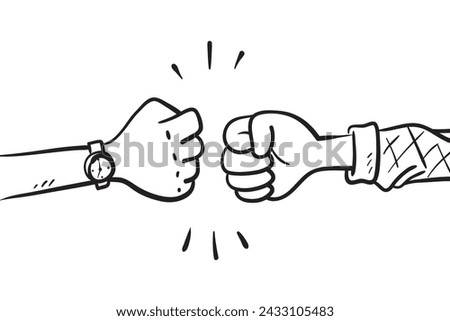 Hand drawn of two young person bumping fist finger. Team work, partnership, friendship, passion, spirit hands gesture sketch concept vector illustration. Isolated design with white background