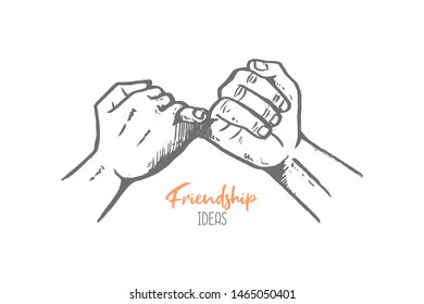 Hand drawn of two young persons hooking pinkie fingers each other. Promise, pledge, engagement, romantic hands gesture sketch concept vector illustration. Isolated design with white background
