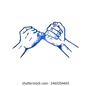 Hand drawn of two young persons hooking pinkie fingers each other. Promise, pledge, engagement, romantic hands gesture sketch concept vector illustration. Isolated design with white background