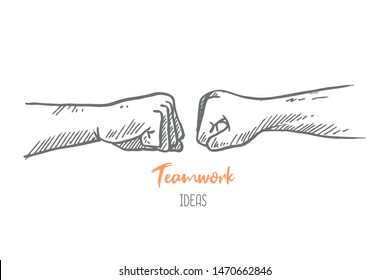Hand drawn of two young persons bumping their fists. Team work cooperation, partnership hands gesture sketch concept vector illustration. Isolated design with white background