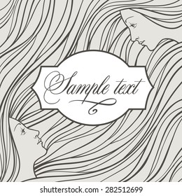 hand drawn two young women profile with wavy hair and frame for text, vector illustration