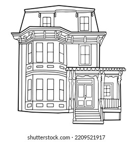 hand drawn two-storey house. Vector doodle style building for coloring page