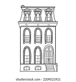 casa de dos pisos dibujada a mano. Construcción de estilo de doodle vectorial para página de color