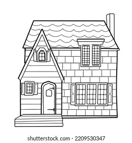hand drawn two-storey house. Vector doodle style building for coloring page