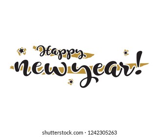 Hand drawn tyle happy new year text with gold paint brush design and cute little star shapes isolated on white background.