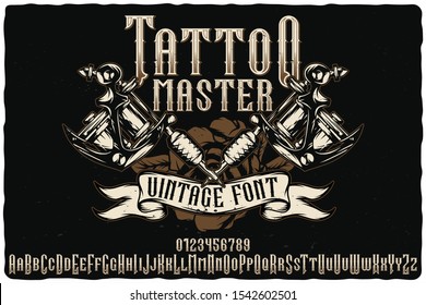 Hand drawn tyleface named Tattoo Master. Hand drawn illustration of tattoo machines and rose.