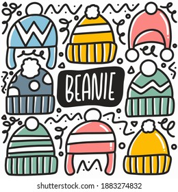hand drawn type beanie doodle set with icons and design elements
