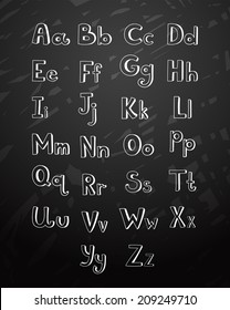 Hand drawn type font, chalk hand drawing alphabet vector illustration isolated on black board background in cartoon style