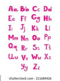 Hand drawn type font, pink children alphabet vector illustration isolated on white background in cartoon style