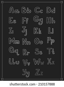Hand drawn type font, vector illustration alphabet isolated on black background in cartoon style