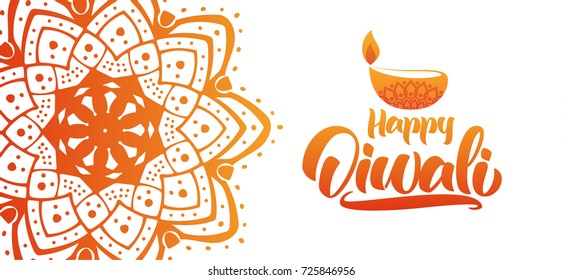Hand drawn type lettering of Happy Diwali. Greeting card wit Indian ornament and lamp 