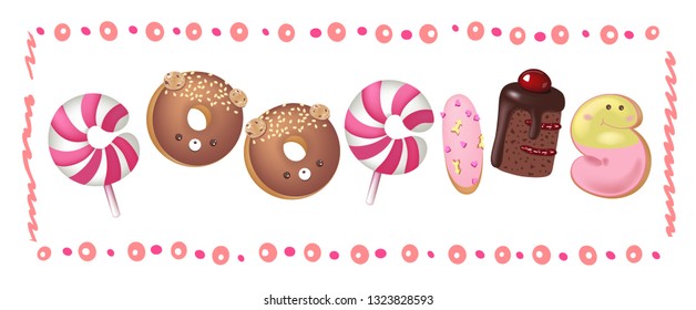 Hand drawn type that says Cookies in the shape of delicious and colorful cookies on a flyer, brochure, poster template layout.