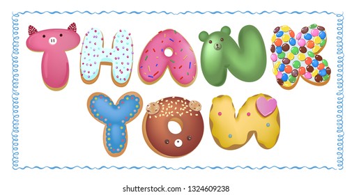 Hand drawn type that says Thank you in the shape of delicious and colorful cookies on a flyer, brochure, poster template layout.