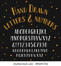 Hand Drawn Typeface. Alphabet Vector Font With Small Caps. Brush Lettering On Black Background For Labels, Headlines, Posters Etc.