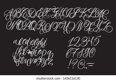 Hand drawn typeface on black background. Painted vector characters: lowercase and uppercase. Typography cursive alphabet for your designs: logo, typeface, card, poster