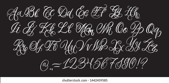 Hand drawn typeface on black background. Painted vector characters: lowercase and uppercase. Typography cursive alphabet for your designs: logo, typeface, card, poster