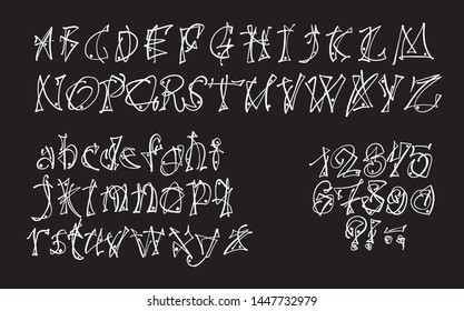 Hand drawn typeface on black background. Painted vector characters: lowercase and uppercase. Typography graffiti alphabet for your designs: logo, typeface, card, poster